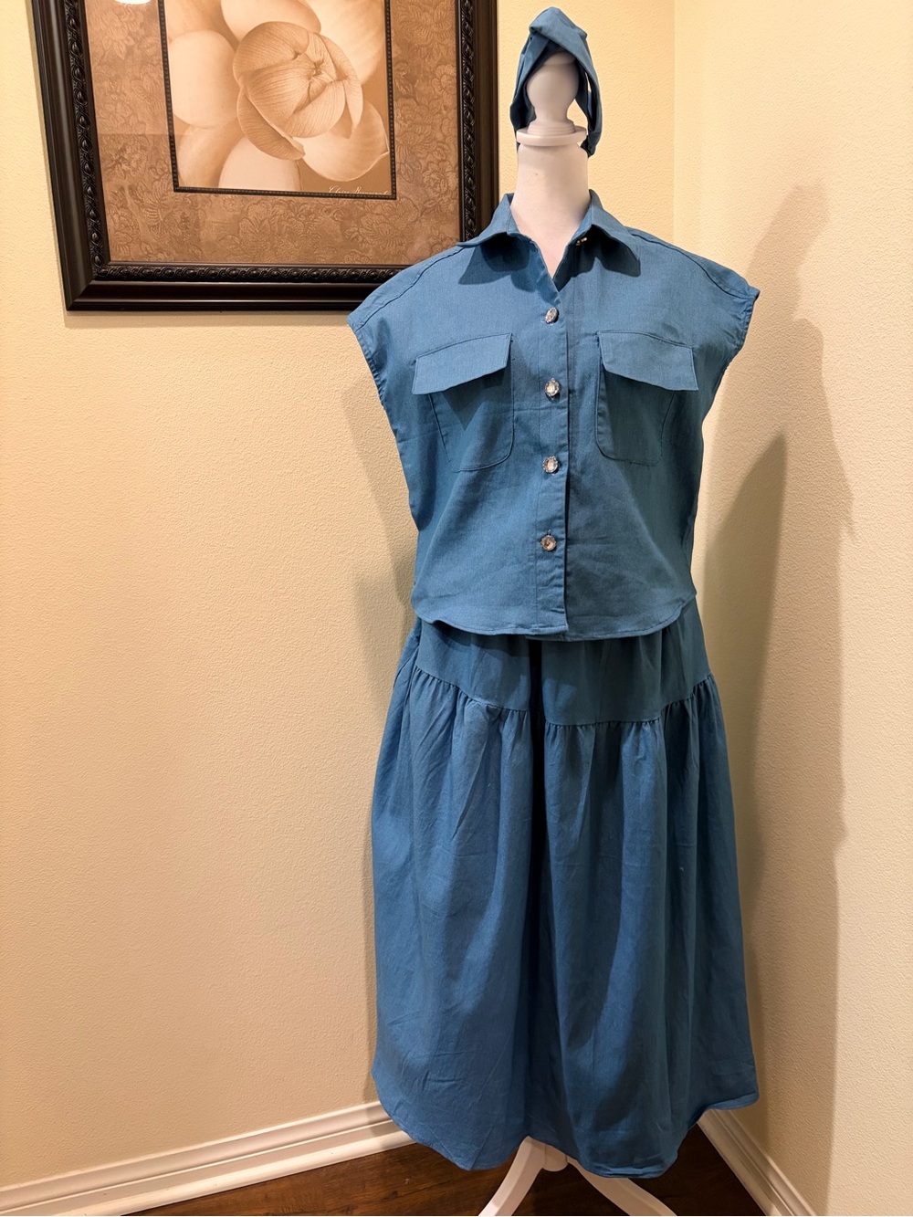 Double D, Bangkok  Blue Blouse and Maxi Skirt Set (denim look) one size NWOT